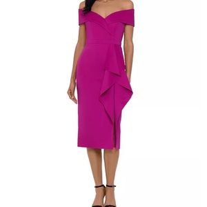 Xscape magenta off the shoulder scuba dress with ruffle detail. Size 14P